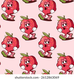 cute strawberry fruit seamless pattern background, cartoon groovy character drawing strawberry 