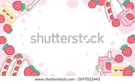 Cute Strawberry Fruit Snack and Cake Background. Perfect for cafe menus, food posters, bakery designs, sweet shop branding, and kawaii dessert illustrations.