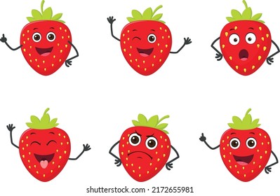 Cute strawberry fruit vector character set isolated on white background