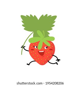 Cute strawberry, funny red fruit. Cartoon comic character running. Ripe sweet strawberry, healthy food, activity lifestyle, vitamins. Hand drawn vector illustration isolated on white. 