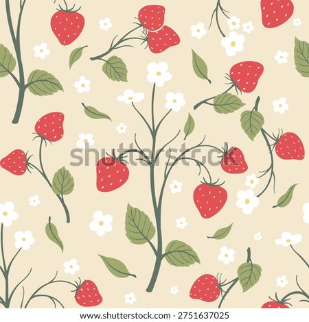 Cute strawberry garden seamless pattern with strawberry fruits, leaves and small flowers on beige background. Hand drawn style vector illustration. Perfect for fabric, textile, wallpaper, wrapping paper, kitchen decor and surface pattern design.