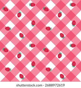 Nettes Erdbeer Gingham nahtloses Muster für Picknick und Stoffdesign