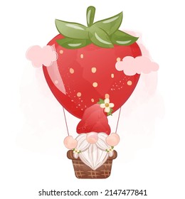 Cute Strawberry Gnome In Watercolor Illustration