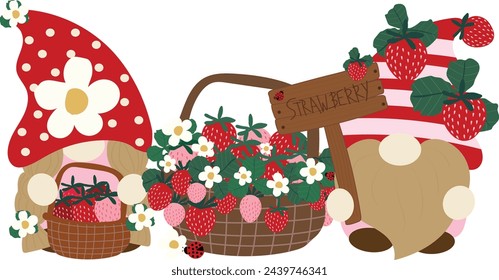 Cute Strawberry Gnomes Clipart | Hand-Drawn Vector Illustration for Invitations, Greeting Cards, Party Celebrations, Wedding Decor, Posters, Banners, Textile, Wallpaper, and Background Art