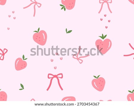 Cute strawberry heart and bow seamless pattern vector, pastel pink background with tiny seeds and green leaves, kawaii fruit repeat design for fabric and wrapping.