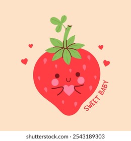 Cute strawberry with a heart in her hands. Vector graphics.