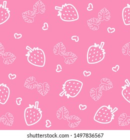 Cute Strawberry and Heart seamless pattern on pink background.