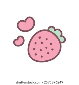 Cute strawberry with hearts icon. Abstract romantic emoji symbol. Kawaii St. Valentine day sticker. Hand drawn illustration isolated on a white background. Vector 10 EPS.