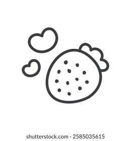 Cute strawberry with hearts icon. Abstract romantic emoji symbol. Kawaii St. Valentine day sticker. Hand drawn monochrome illustration isolated on a white background. Vector 10 EPS.