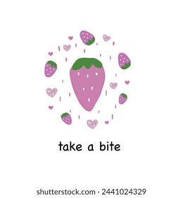 
Cute strawberry and hearts with take a bite text. Slogan t shirt or design element