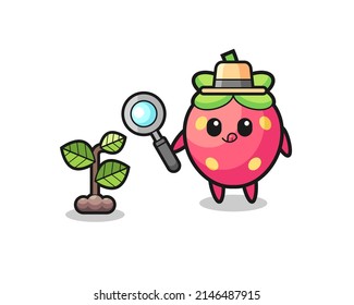 cute strawberry herbalist researching a plants , cute design
