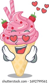 Cute strawberry ice cream cartoon character has a falling in love face