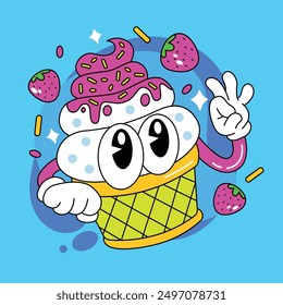 Cute strawberry ice cream cartoon hands character in retro style