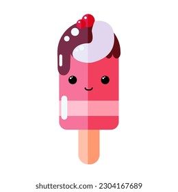 Cute strawberry ice cream character, tasty dessert with eyes and smile, summer food, frozen sweet food illustration with chocolate topping and red berry.