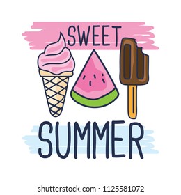 Cute strawberry ice cream cone, water melon and chocolate ice cream. Fun summer holidays cards. Hello summer hand drawn style vector illustration