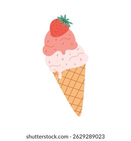 Cute strawberry ice cream cone with two scoops and a fresh berry on top. Summer sweet dessert illustration in flat style. Isolated on white background.