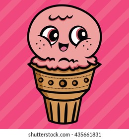 Cute Strawberry Ice Cream Cone Vector Illustration Character
