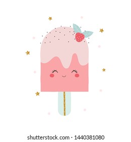 Cute Strawberry Ice Cream With Gold Glitter Elements. Girlish Trendy Graphic. Vector Hand Drawn Illustration.
