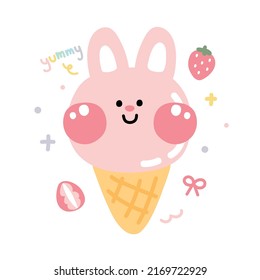 Cute Strawberry Ice Cream In Rabbit Face Shape Cartoon.Image For Kid Clothing,t Shirt,print Screen,card.Dessert.Isolated.Kawaii.Vector.Illustration.