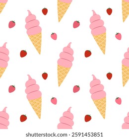 Cute Strawberry ice cream seamless pattern for fabric and wrapping paper.