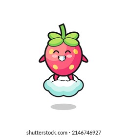cute strawberry illustration riding a floating cloud , cute design