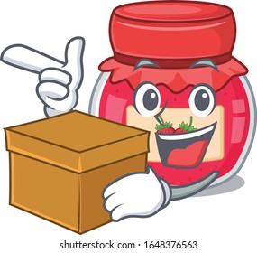 Cute strawberry jam cartoon character having a box