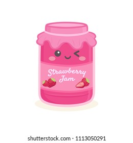 Cute Strawberry Jelly Jam Bottle Jar Vector Illustration Cartoon Smile