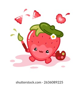 Cute strawberry kawaii illustration, tropical juicy fruit painter with brush 