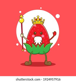Cute Strawberry  as a King holding a rod Vector Design Illustration
