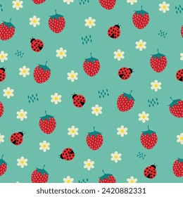 cute strawberry and ladybugs hand drawn seamless pattern vector illustration for decoration invitation greeting birthday party celebration wedding card poster banner textiles wallpaper background