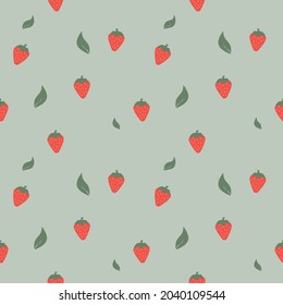 cute strawberry and leaf in green background for fabric seamless pattern