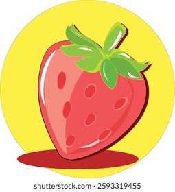 Cute strawberry with leaf. Vector illustration isolated on yellow  background. 