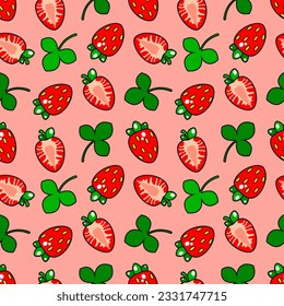 Cute strawberry with leaves on a bright light pink background. Floral seamless pattern, vector illustration