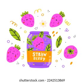 Cute strawberry lemonade bootle with strawberry. Vector cartoon character hand drawn style illustration. Kawaii smiling lemonade.Hand drawn cute vector for web,design,print, isolated on white.
