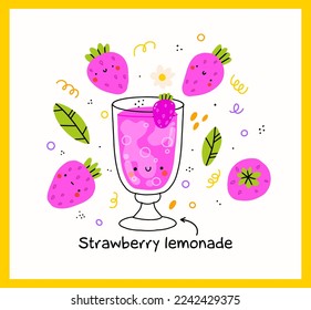 Cute strawberry lemonade glass with strawberry. Isolated. Vector cartoon character hand drawn style illustration. Kawaii smiling lemonade. Hand drawn cute vector for web,design,print