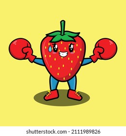 Cute Strawberry mascot cartoon playing sport with boxing gloves and cute stylish design for t-shirt, sticker, logo elements