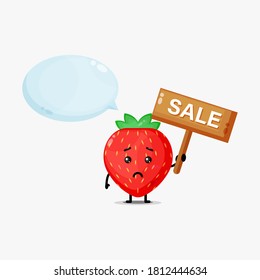 Cute strawberry mascot with the sales sign