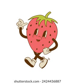 Cute strawberry mascot vector illustration. Funny retro cartoon berry fruit character on white background. 
