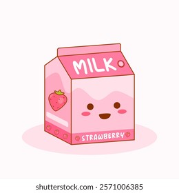 Cute Strawberry Milk Box with Smile Face. Cartoon Character Illustration