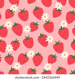 Cute strawberry pattern, cartoon flat vector illustration on pink background. Colorful seamless pattern with berries and flowers. Spring and summer background.