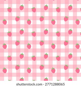 Cute strawberry pattern on pink and white gingham checkered background.Seamless vector illustration for textile, wallpaper, and wrapping paper.