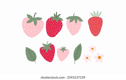 Cute Strawberry pattern, Print with berry. Natural sweet food. Summer fruit background for fabric, textile, wrapping paper, wallpaper. Flat vector illustration