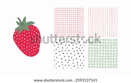 Cute Strawberry pattern, Print with berry. Natural sweet food. Summer fruit background for fabric, textile, wrapping paper, wallpaper. Flat vector illustration