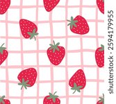 Cute Strawberry pattern, seamless print with berry. Natural sweet food. Summer fruit background for fabric, textile, wrapping paper, wallpaper. Flat vector illustration