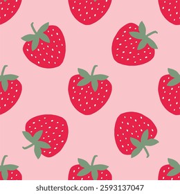 Cute Strawberry pattern, seamless print with berry. Natural sweet food. Summer fruit background for fabric, textile, wrapping paper, wallpaper. Flat vector illustration