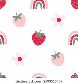 Cute Strawberry pattern, seamless print with berry. Natural sweet food. Summer fruit background for fabric, textile, wrapping paper, wallpaper. Flat vector illustration