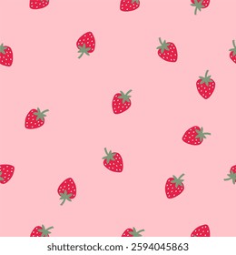 Cute Strawberry pattern, seamless print with berry. Natural sweet food. Summer fruit background for fabric, textile, wrapping paper, wallpaper. Flat vector illustration