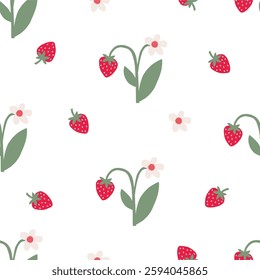 Cute Strawberry pattern, seamless print with berry. Natural sweet food. Summer fruit background for fabric, textile, wrapping paper, wallpaper. Flat vector illustration