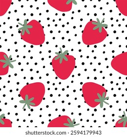  Cute Strawberry pattern, seamless print with berry. Natural sweet food. Summer fruit background for fabric, textile, wrapping paper, wallpaper. Flat vector illustration