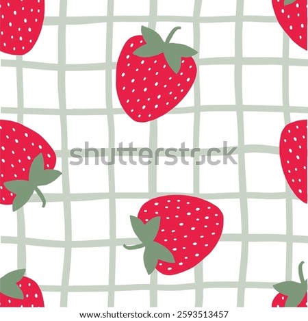 Cute Strawberry pattern, seamless print with berry. Natural sweet food. Summer fruit background for fabric, textile, wrapping paper, wallpaper. Flat vector illustration